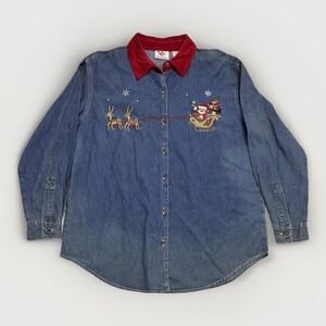 Christmas Womens M Nut Cracker Holiday Santa Chambray Shirt w Red Velvet Collar